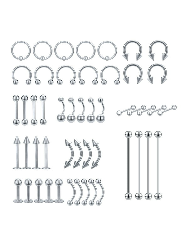 ZS 50Pcs/set Silver Belly Button Nose Septum Tongue Lip Monroe Eyebrow Piercing Industrial Barbell Earring Body Piercing Pack
