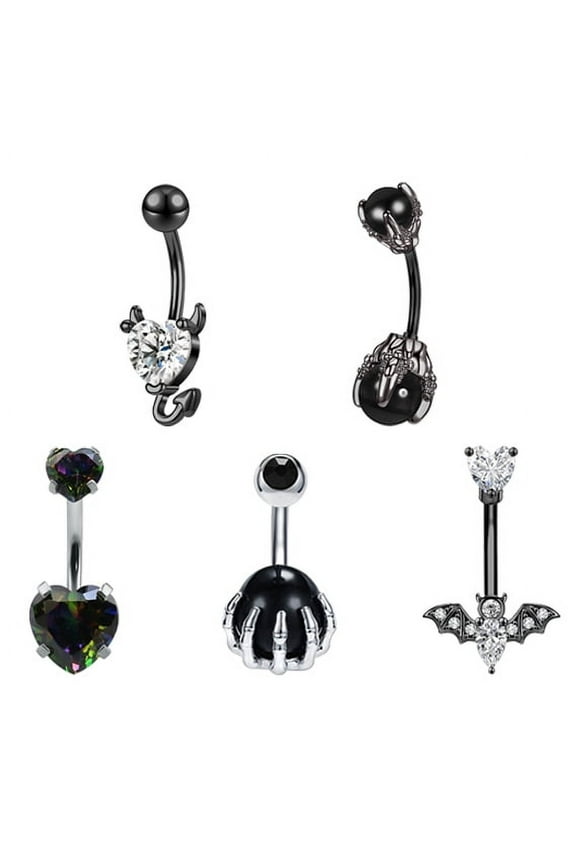 5PCS 14G Heart CZ Belly Button Rings Opal Navel Piercing Bat Demon Belly Ring