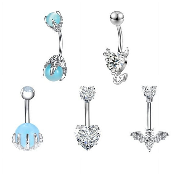 ZS 5PCS 14G Heart CZ Belly Button Rings Opal Navel Piercing Bat Demon Belly Ring