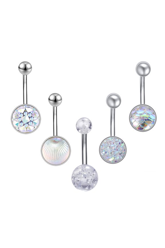 5PCS 14G Round Shell Belly Button Rings Sequins Pineapple Belly Navel Piercing Banana Barbell Belly Ring for Women