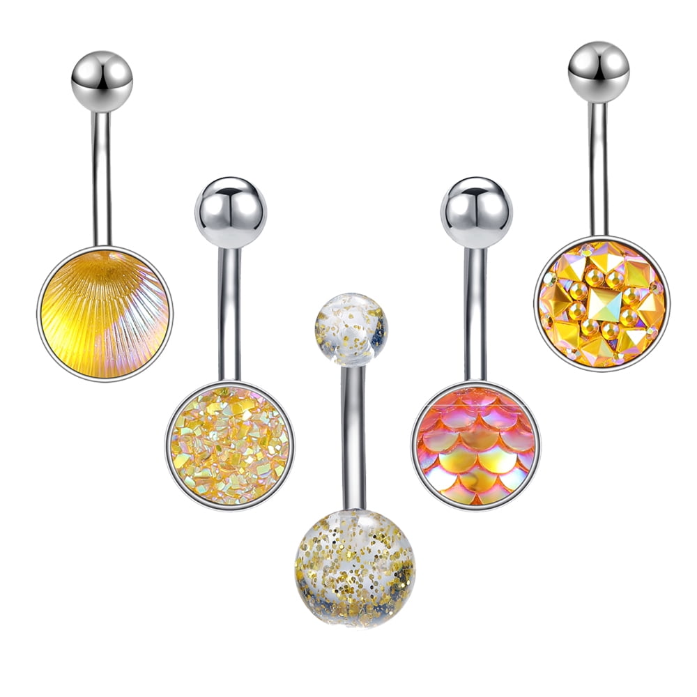 ZS 5PCS 14G Round Shell Belly Button Rings Sequins Pineapple Belly ...