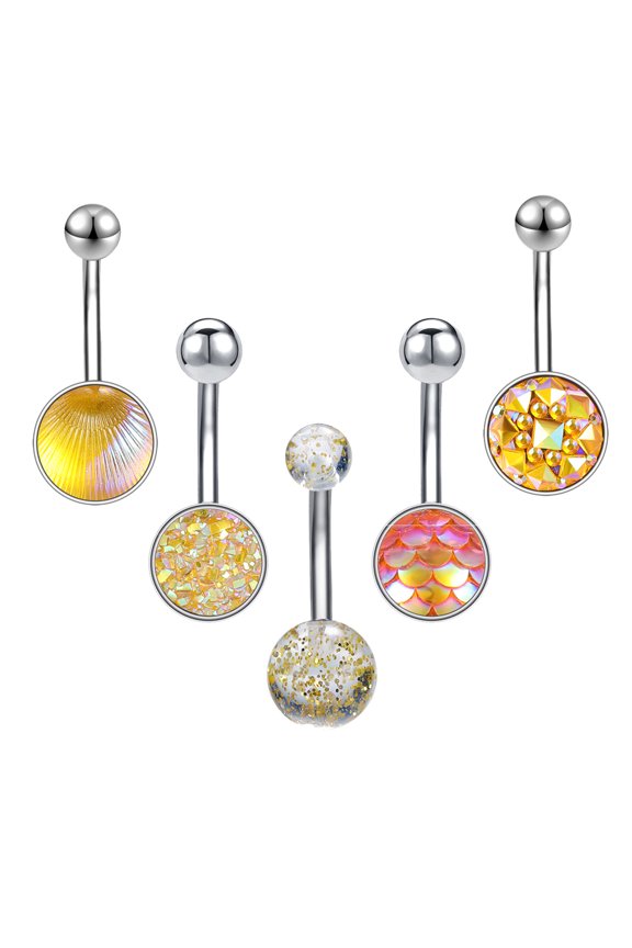 5PCS 14G Round Shell Belly Button Rings Sequins Pineapple Belly Navel Piercing Banana Barbell Belly Ring for Women