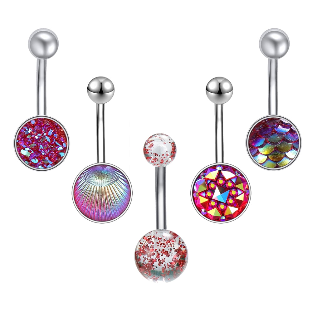 ZS 5PCS 14G Round Shell Belly Button Rings Sequins Pineapple Belly ...