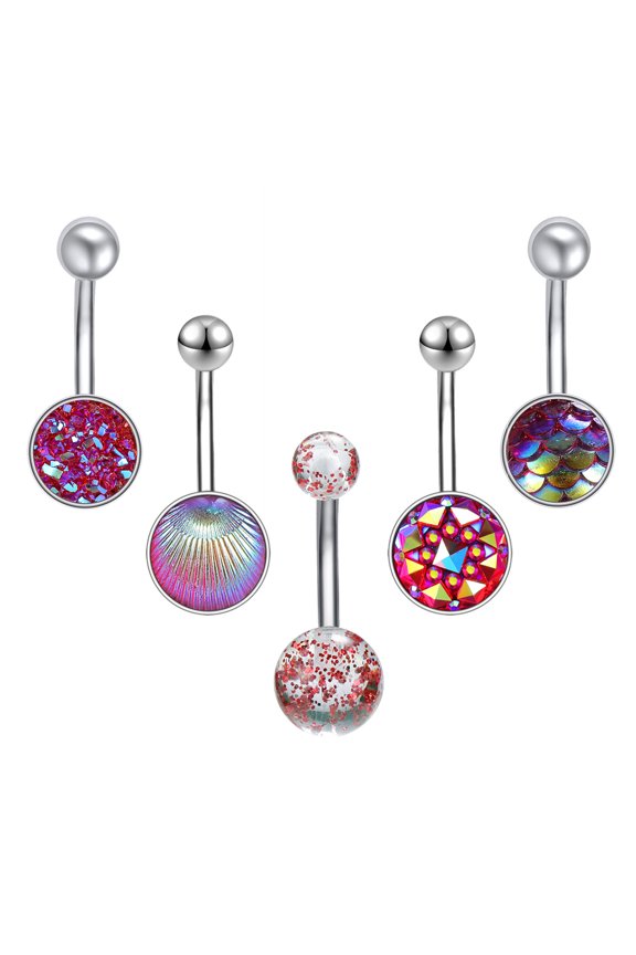 5PCS 14G Round Shell Belly Button Rings Sequins Pineapple Belly Navel Piercing Banana Barbell Belly Ring for Women