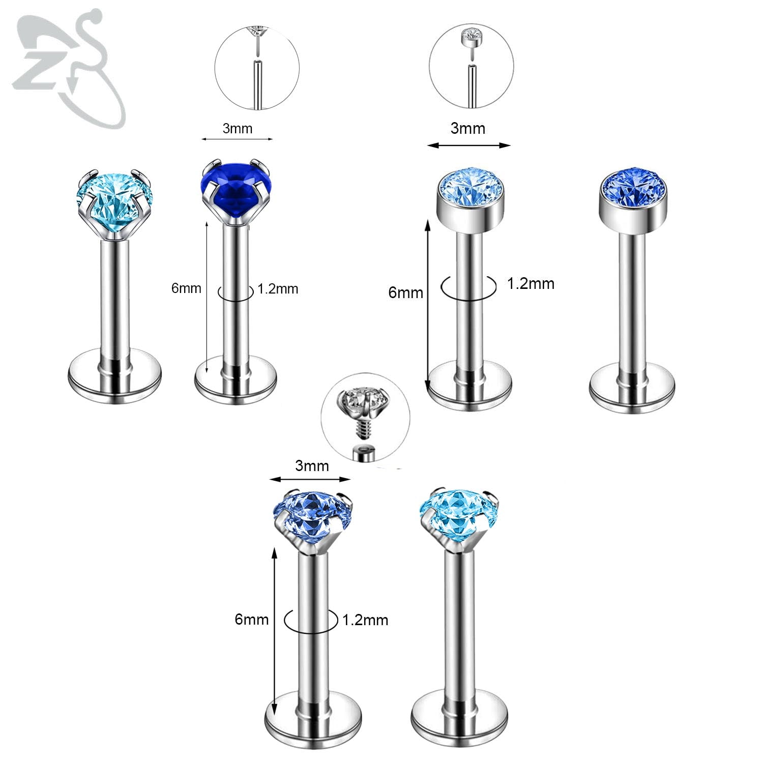 ZS 12-Piece 16G Push-in Lip Rings - Stainless Steel Medusa & Helix