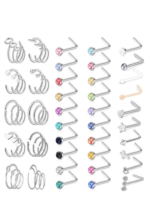 60Pcs/Set Crystal Nose Hoop Rings Heart Star Cross Nose Corkscrew/Nose Bone/ L-Shape Nose Stud Piercing
