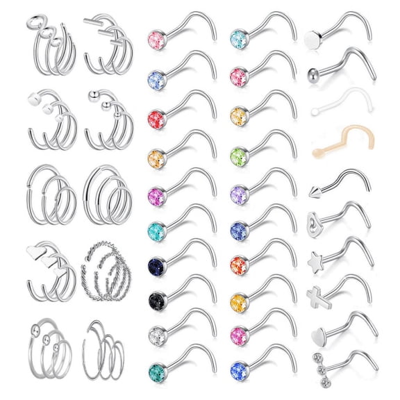 ZS 60Pcs/Set Crystal Nose Hoop Rings Heart Star Cross Nose Corkscrew/Nose Bone/ L-Shape Nose Stud Piercing