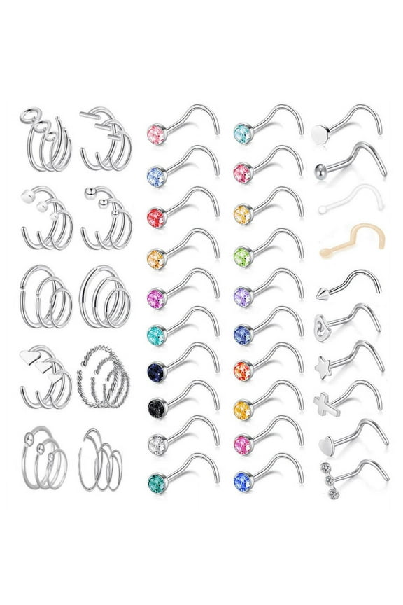 60Pcs/Set Crystal Nose Hoop Rings Heart Star Cross Nose Corkscrew/Nose Bone/ L-Shape Nose Stud Piercing