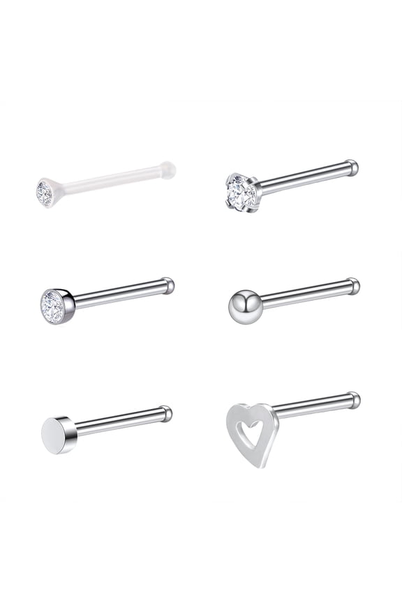 6PCS 20G Clear Bioflex Crystal Nose Stud Piercing Nose Bone/L Shaped/Nose Screws Rings Set