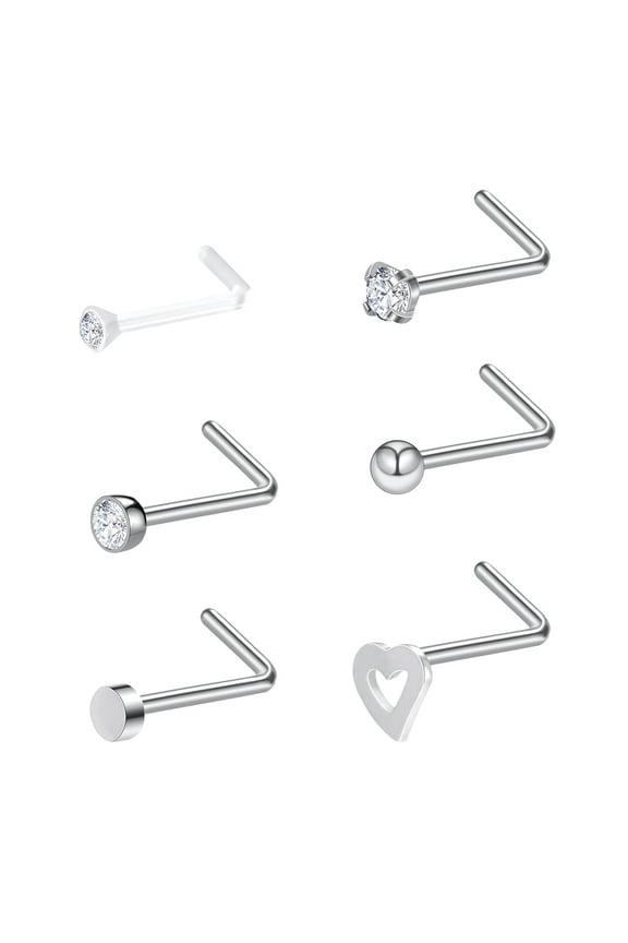 6PCS 20G Clear Bioflex Crystal Nose Stud Piercing Nose Bone/L Shaped/Nose Screws Rings Set