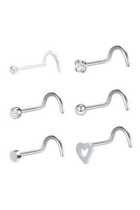 6PCS 20G Clear Bioflex Crystal Nose Stud Piercing Nose Bone/L Shaped/Nose Screws Rings Set