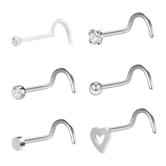 ZS 6PCS 20G Clear Bioflex Crystal Nose Stud Piercing Nose Bone/L Shaped/Nose Screws Rings Set