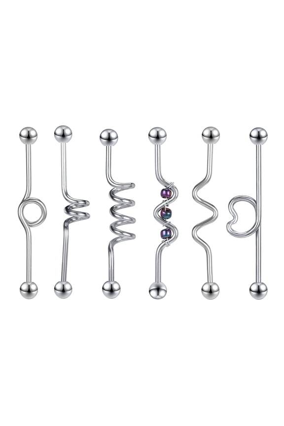 6Pcs/Set 14G Spiral Industrial Barbell Stud Earring Ball Cartilage Industrial Piercing