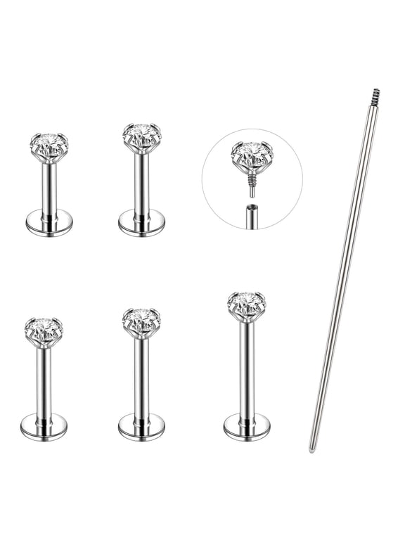 6Pcs/Set 18G/16G Stainless Steel Labret Lip Stud,Internally Threaded Flat Back Earrings Stud,Nose Stud Medusa Piercing Jewelry with Piercing Needles