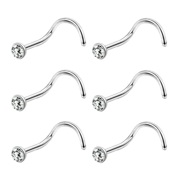 ZS 6Pcs/Set 20g Round Crystal Nose Stud Piercing Nose Bone/L Shaped/Nose Screw Nostril Piercing