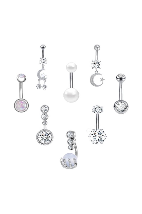 8PCS 14G Heart CZ Belly Button Rings Moon Dangle Navel Piercing Opal Belly Ring