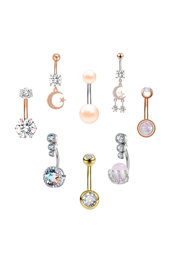 8PCS 14G Heart CZ Belly Button Rings Moon Dangle Navel Piercing Opal Belly Ring