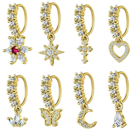 ZS 8Pcs/Set 20G Copper Nose Rings Zircon Dangle Nostril Piercing Cartilage Helix Earrings Piercing Body Jewelry