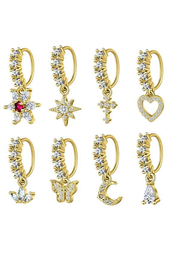8Pcs/Set 20G Copper Nose Rings Zircon Dangle Nostril Piercing Cartilage Helix Earrings Piercing Body Jewelry