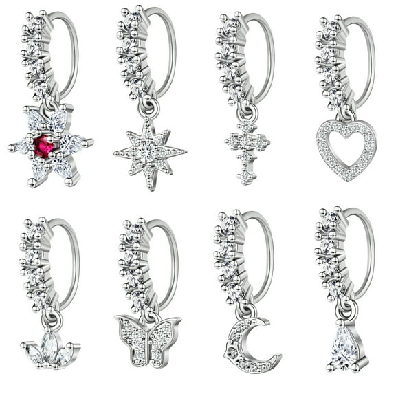 ZS 8Pcs/Set 20G Copper Nose Rings Zircon Dangle Nostril Piercing Cartilage Helix Earrings Piercing Body Jewelry