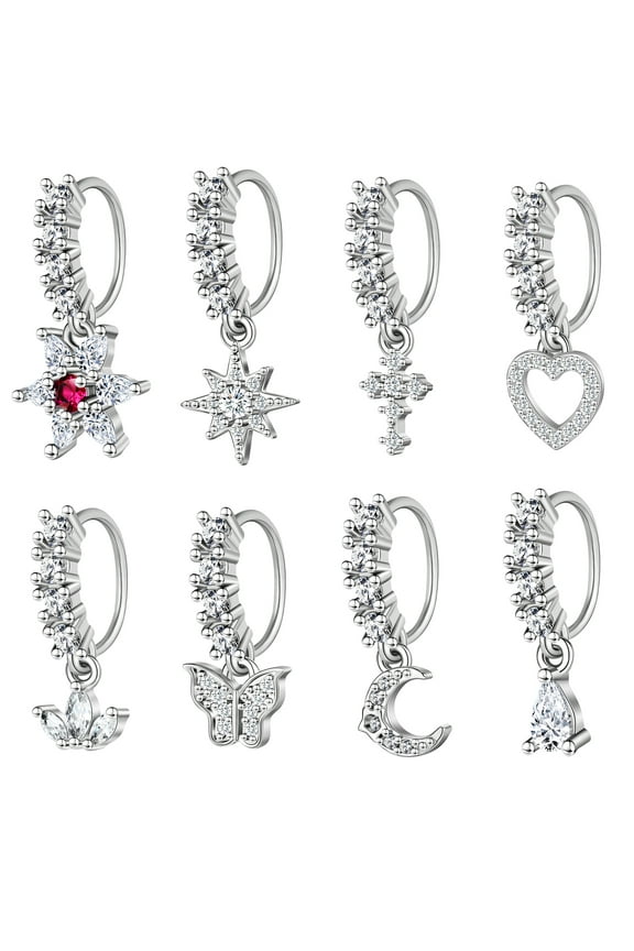 8Pcs/Set 20G Copper Nose Rings Zircon Dangle Nostril Piercing Cartilage Helix Earrings Piercing Body Jewelry
