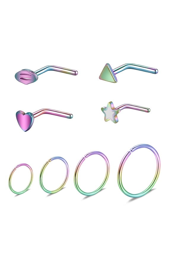8Pcs/Set 20G Nose Hoop Rings Cute Nose Stud Rainbow Nostril Piercing L-Shape Nose Ring