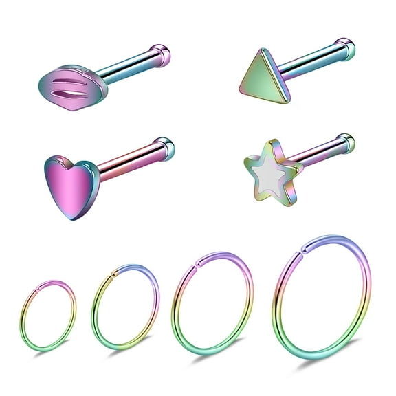 ZS 8Pcs/Set 20G Nose Hoop Rings Cute Nose Stud Rainbow Nostril Piercing Nose Bone Stud