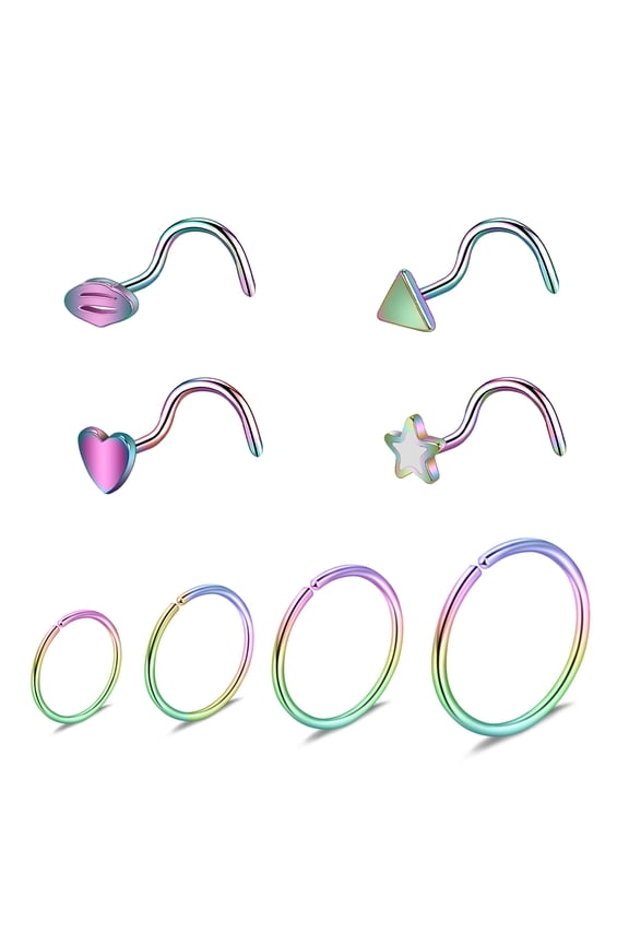 8Pcs/Set 20G Nose Hoop Rings Cute Nose Stud Rainbow Nostril Piercing Nose Corkscrew Stud