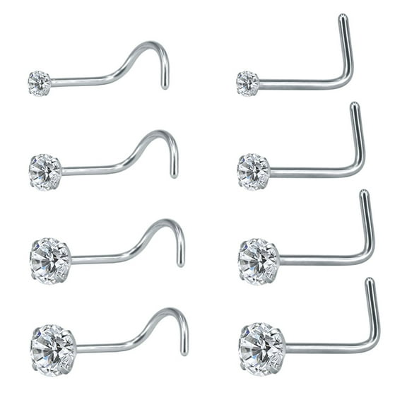 ZS 8Pcs/Set 20G Stainless Steel Crystal Nose Stud Piercing L Shaped/Nose Screws Rings Set