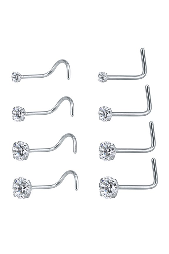 8Pcs/Set 20G Stainless Steel Crystal Nose Stud Piercing L Shaped/Nose Screws Rings Set