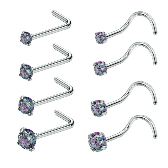 ZS 8Pcs/Set 20G Stainless Steel Crystal Nose Stud Piercing L Shaped/Nose Screws Rings Set