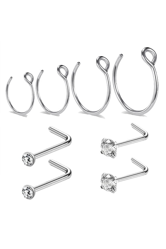 8Pcs/Set 20g C Shaped Nose Hoop Ring Piercing Crystal Nostril Piercing Corkscrew/ Bone/ L-Shape Nose Stud Piercing