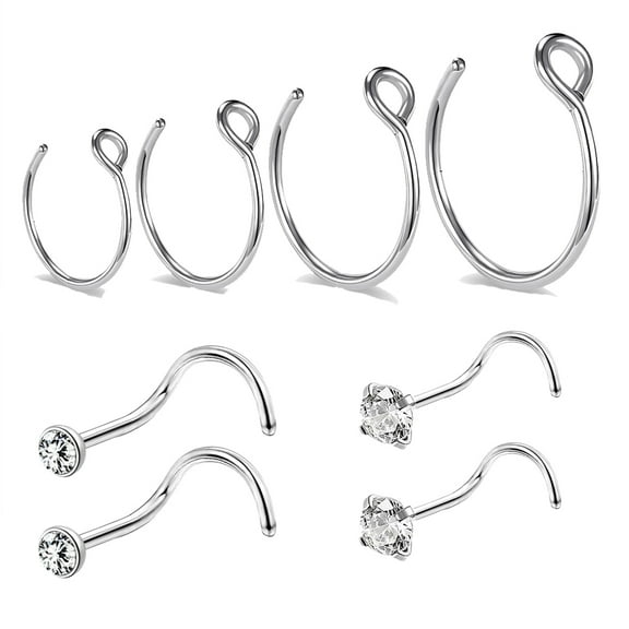 ZS 8Pcs/Set 20g C Shaped Nose Hoop Ring Piercing Crystal Nostril Piercing Corkscrew/ Bone/ L-Shape Nose Stud Piercing