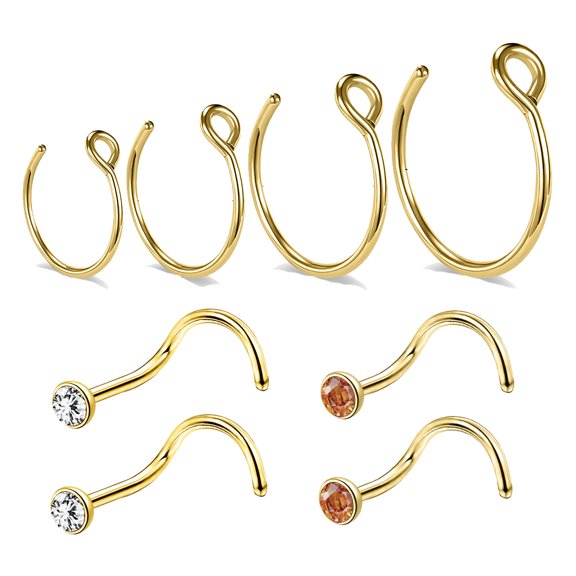 ZS 8Pcs/Set 20g C Shaped Nose Hoop Ring Piercing Crystal Nostril Piercing Corkscrew/ Bone/ L-Shape Nose Stud Piercing