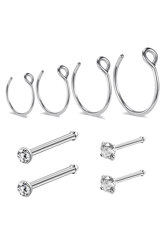 8Pcs/Set 20g C Shaped Nose Hoop Ring Piercing Crystal Nostril Piercing Corkscrew/ Bone/ L-Shape Nose Stud Piercing