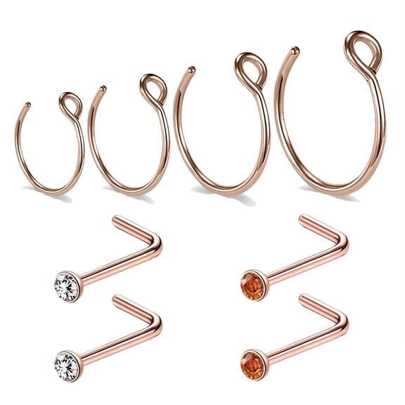 ZS 8Pcs/Set 20g C Shaped Nose Hoop Ring Piercing Crystal Nostril Piercing Corkscrew/ Bone/ L-Shape Nose Stud Piercing