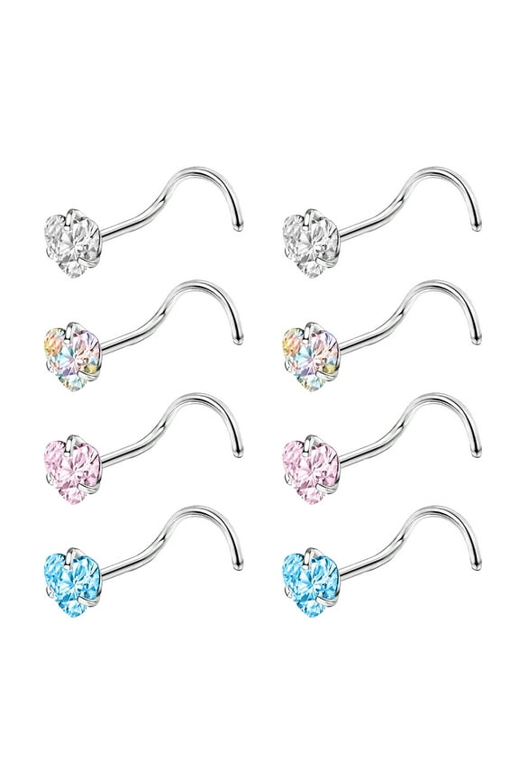 8Pcs/Set 20g Heart Crystal Nose Ring Stud Piercing Nose Bone/L Shaped/Nose Screw Nostril Piercing