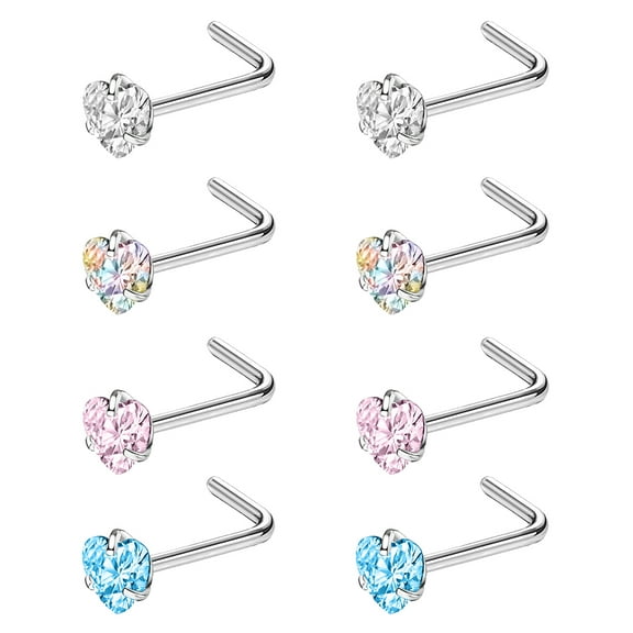 ZS 8Pcs/Set 20g Heart Crystal Nose Ring Stud Piercing Nose Bone/L Shaped/Nose Screw Nostril Piercing