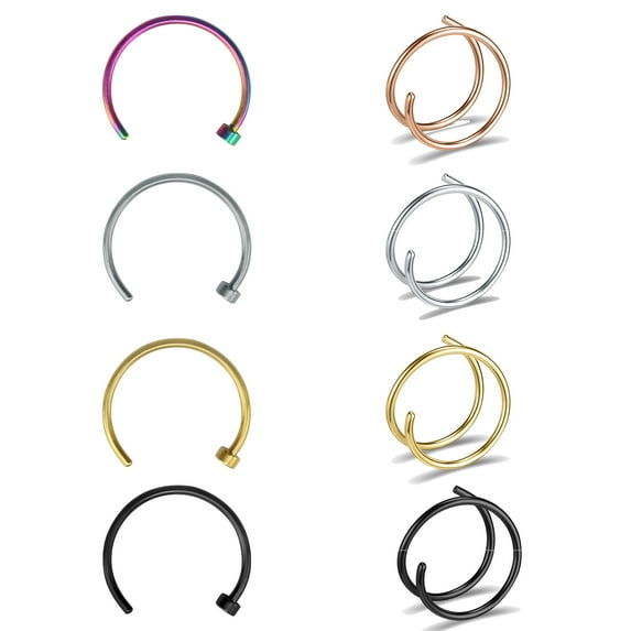 ZS 8Pcs/Set 20g Soft Wire Nostril Piercing Mix Color Nose Ring Piercing C Shaped Nose Stud Piercing