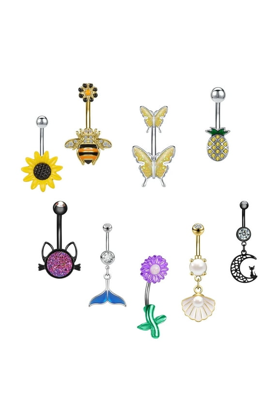 9PCS 14G Mix Style Belly Button Rings Bee Cat Flower Design Belly Navel Piercing Idea Banana Barbell Belly Ring for Women