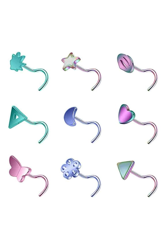 9PCS 20G Corkscrew Nose Rings Heart Star Nose Piercing Cute Nose Stud
