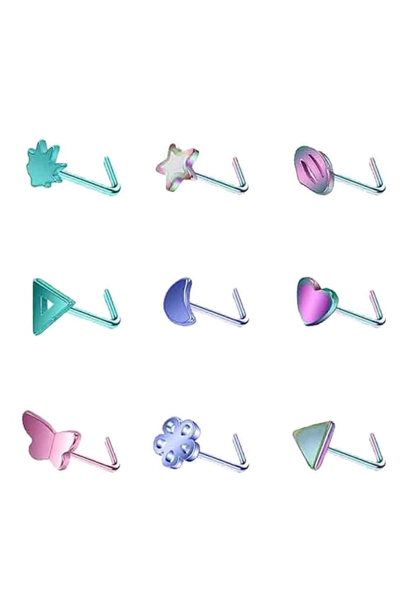 9Pcs 20G L-Shaped Nose Rings Heart Star Nose Piercing Cute Nose Stud