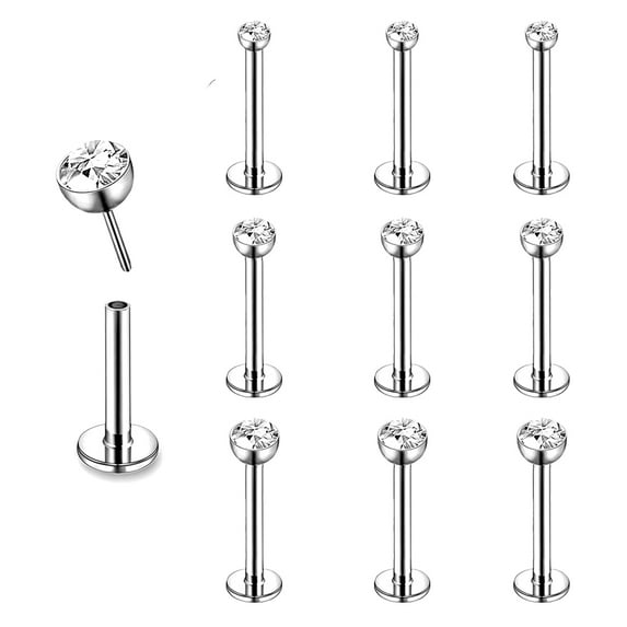 ZS 9Pcs/Set 16G Push in Labret Lip Studs Rings Threadless Monroe Medusa Piercing Cubic Zirconia Conch Helix Cartilage Piercing Earrings