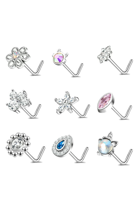 9Pcs/Set 20g AB White Crystal Nose Ring Piercing Mix Flower Heart Nostril Piercing L Shaped Nose Stud Piercing