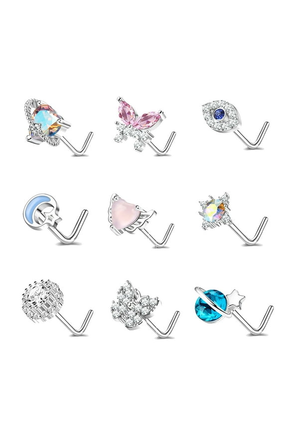 9Pcs/Set 20g AB White Crystal Nose Ring Pier