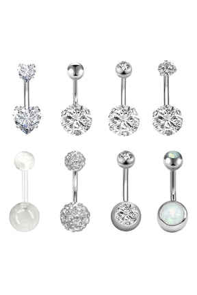 Belly Button Rings, Opal, 14G, Banana Barbell Style, 8pcs Included, Surgical Stainless Steel