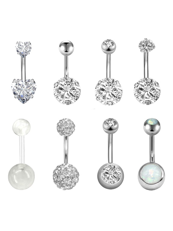 Belly Button Rings, Opal, 14G, Banana Barbell Style, 8pcs Included, Surgical Stainless Steel