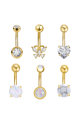 Belly Button Rings, Stainless Steel, 6 Piece