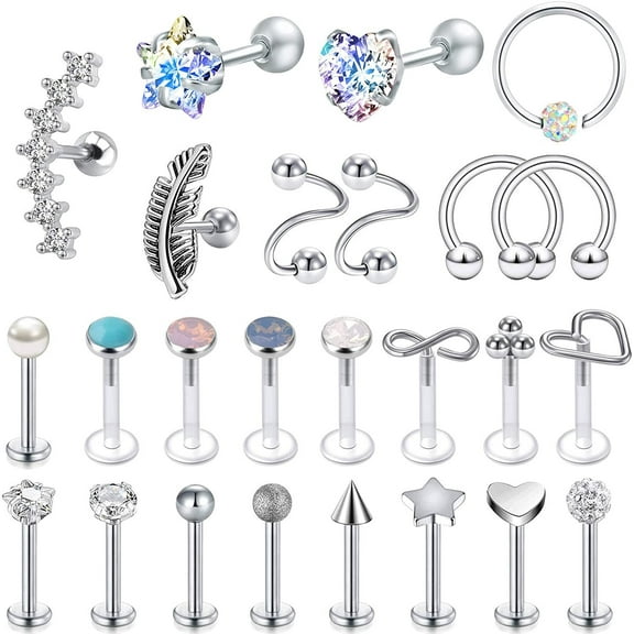ZS C Shape Labret Lip Studs, Opal, Cubic Zirconia Earrings, Stainless Steel, 25 Pcs Set, 16G, 8mm
