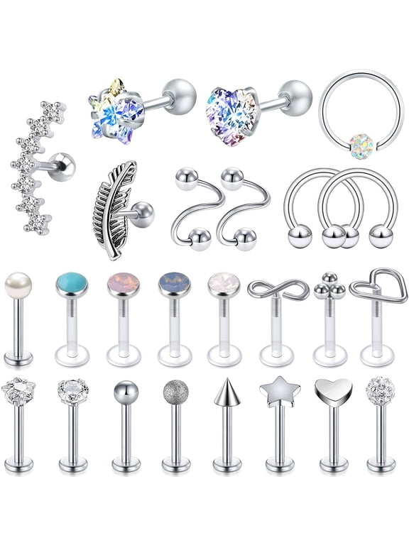 C Shape Labret Lip Studs, Opal, Cubic Zirconia Earrings, Stainless Steel, 25 Pcs Set, 16G, 8mm